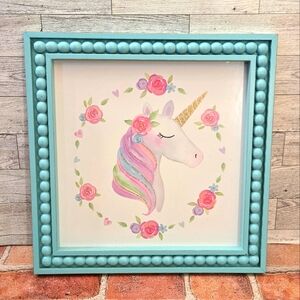 Unicorn & Roses Picture Teal Wooden Frame Pastel 13.5×13.5" Wall Kids Art Decor